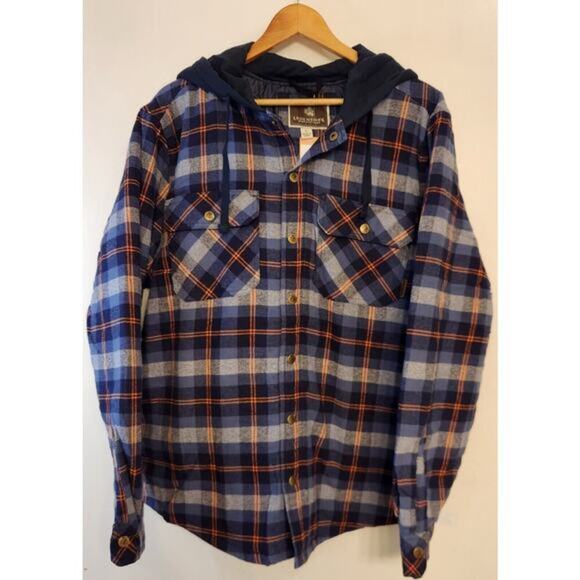 Legendary Outfitters Mens Shirt Jacket Blue Multicolor Plaid Hood Pockets, Large - Picture 3 of 4